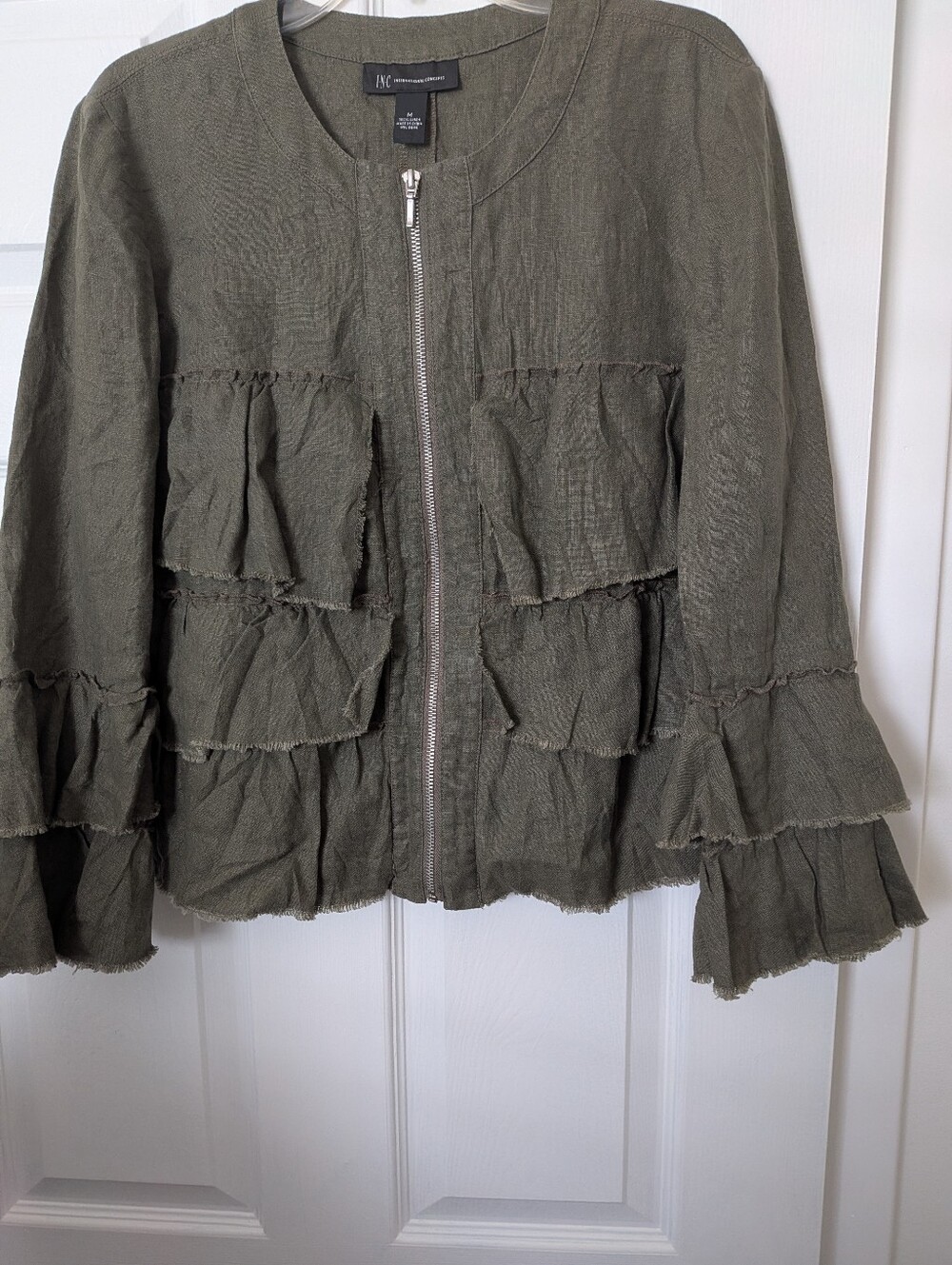 I.N.C. 100% Linen Zip Ruffles M Olive Green